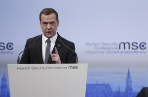 Russian Prime Minister Dmitry Medvedev delivers a speech at the Munich Security Conference in Munich, Germany, February 13, 2016. Medvedev rejected accusations on Saturday that his country's forces have bombed civilians in Syria, saying this was "just not true". REUTERS/Dmitry Astakhov/Sputnik/Pool ATTENTION EDITORS - THIS IMAGE HAS BEEN SUPPLIED BY A THIRD PARTY. IT IS DISTRIBUTED, EXACTLY AS RECEIVED BY REUTERS, AS A SERVICE TO CLIENTS.      TPX IMAGES OF THE DAY      - RTX26QO2