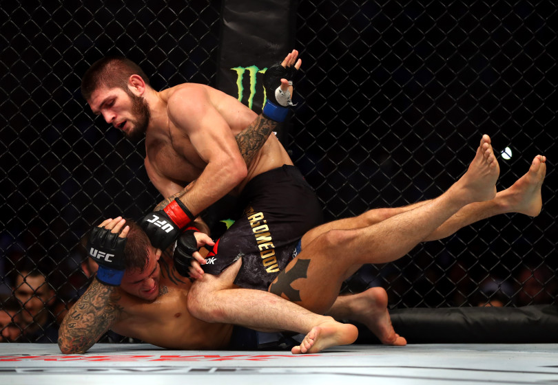 ABU DHABI, UNITED ARAB EMIRATES - SEPTEMBER 07: Khabib Nurmagomedov of Russia compete against Dustin Poirier of United States in their Lightweight Title Bout during the UFC 242 event at The Arena on September 07, 2019 in Abu Dhabi, United Arab Emirates. (Photo by Francois Nel/Getty Images)
