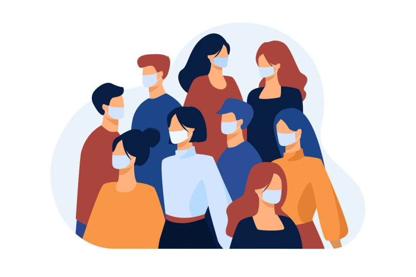 Crowd of people wearing face medical masks outside. Infection spread prevention in society. Vector illustration for coronavirus outbreak, safety, quarantine, disease concept